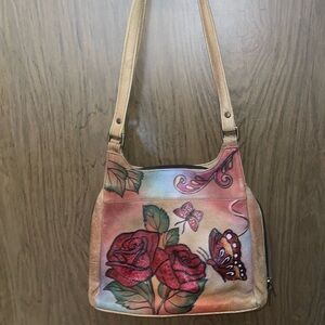 Vintage ANUSCKA Rose and Butterfly Leather Hand Painted Design Women's Bag